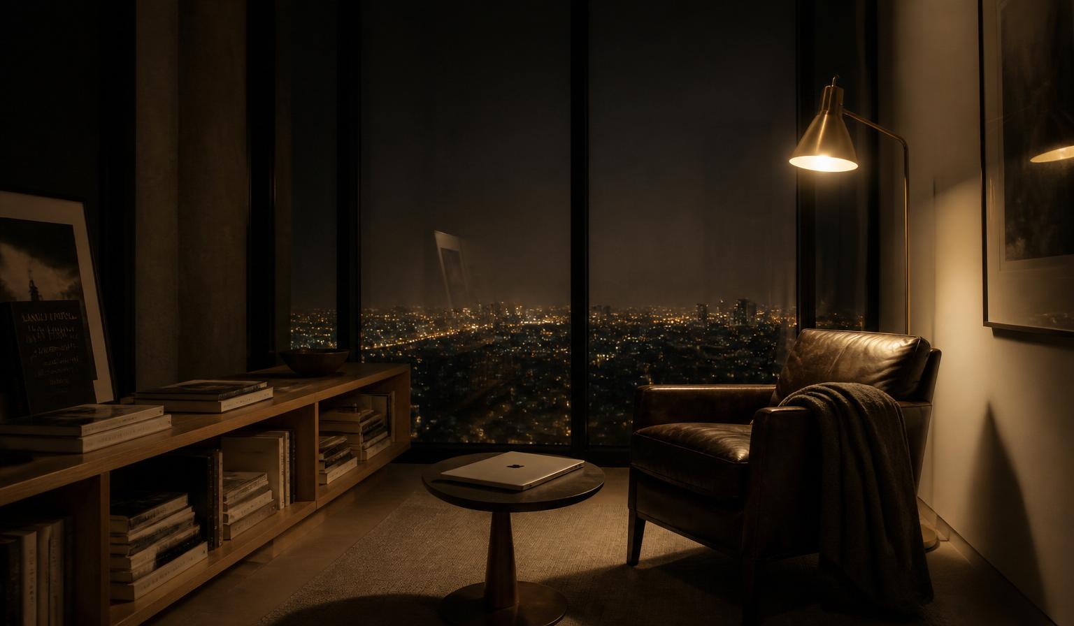 Escritório à noite com vista para a cidade